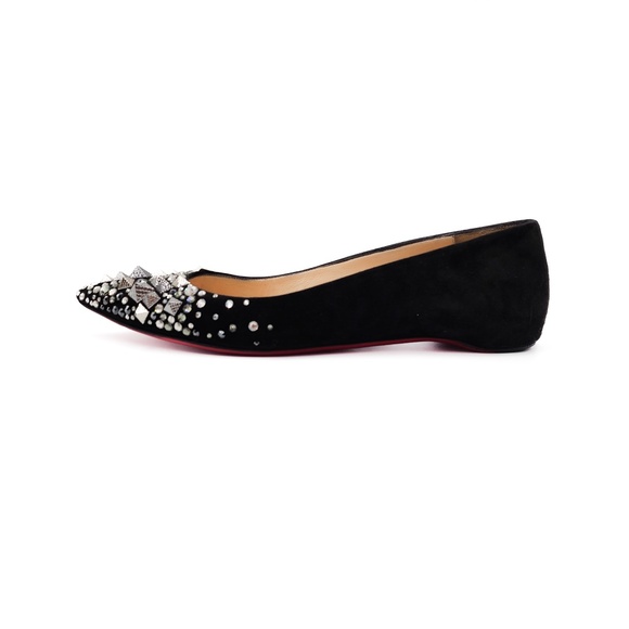 Christian Louboutin Black Suede Studded Spike Crystal Pointed Toe Flats EU 37 - Picture 4 of 7